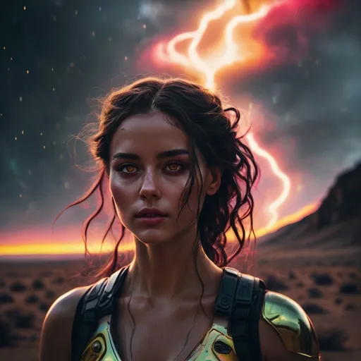 Prompt: Photorealistic sci-fi portrait looking up at a powerful insane woman on an alien nightmare planet with dark clouds and storms, olive skin, mature, long hair, braid, (dark hair with burgundy highlights:1.8), (reflective golden honey eyes:1.9), (glowing eyes), confident expression, laying, commanding presence, high resolution, photorealism, detailed features, powerful aura, realistic lighting, professional quality, made for war, reflective eyes, ads-luxury, confident gaze, commanding presence, (shot with 50mm lens f1.8 aperture)