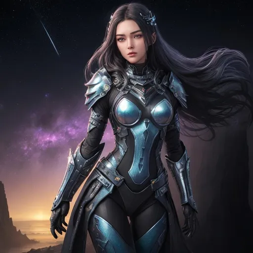 Prompt: splash art, hyper detailed, hyper realistic, highly detailed, dark, surreal heavy mist, floating at the edge of the world, With the Milkyway galaxy in the background,

Focused on a computer generated hologram of a super cute, beautiful, ultra realistic young adult woman Time Guardian Goddess, wearing Obsidean Armor,

Gorgeous, highly detailed facial features, long legs, vibrant sumptuous perfect body, ultra pale, visible midriff, 

Eating a large sandwich, holding a beer,

Perfect studio lighting, perfect shading. HDR, UHD, high res, 64k, cinematic lighting, special effects, hd octane render, professional photograph, trending on artstation, .