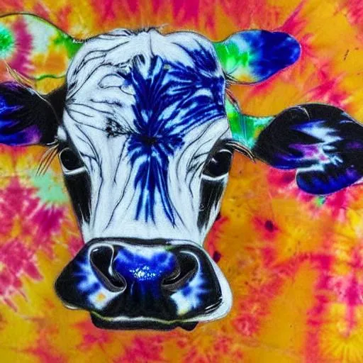 Prompt: tie dye patterned dairy cow