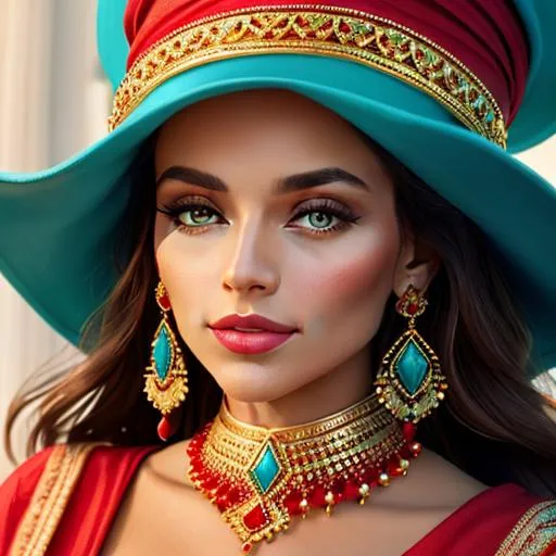 Prompt: Beautiful ethereal woman. color scheme of tuquoise and red., wearing turquoise and gold jewlery, wearing a red hat, facial closeup