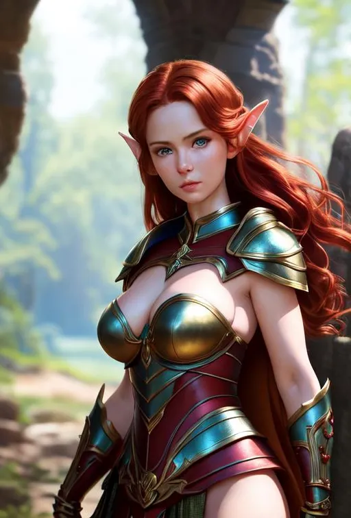 Prompt: front of a busty elf model, standing, arms wide, red hair, pastel brown hair, with topless armor , soft lighting, diffuse lighting, no bacǩground, ultrarealistic, world masterpiece, perfect composition, hyperrealistic, super detailed, 8k, high quality, trending art, trending on artstation, sharp focus, studio photo, intricate details, highly detailed, trending on pixv, by Makoto Shinkai, by Hyung-tae Kim, by Frank Frazetta, by Larry Elmore, by Justin Gerard, concept sheet, unreal engine