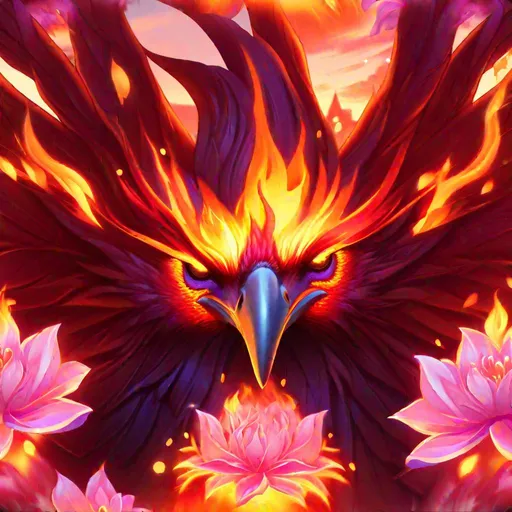 Prompt: world of warcraft style, headshot 
of a flaming phoenix bird, cherry blossoms, sunset background, radiant, flaming eyes,  art by greg rutkowski and artgerm