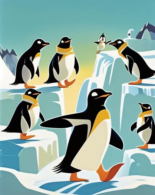 Prompt: A playful scene of animated penguins from Happy Feet dancing on an iceberg, radiating joy, whimsical mood, by Mary Blair 