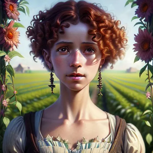 Prompt: An ethereal highly detailed painting of a very beautiful very poor 1920's migrant worker woman, tattered clothes, perfect complexion, gorgeous clean face,
curly auburn hair, award-winning,  Cinematic fantasy atmosphere, farm field, hot sun, cgi, artgerm