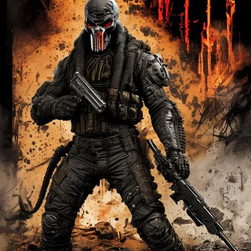 Prompt: Redesigned Gritty dark (black, khaki, olive, blaze orange camouflage) intense futuristic military commando-trained villain Todd McFarlane's punisher Spawn. Cowboy. Bloody. Hurt. Damaged mask. Accurate. realistic. evil eyes. Slow exposure. Detailed. Dirty. Dark and gritty. Post-apocalyptic Neo Tokyo with fire and smoke .Futuristic. Shadows. Sinister. Armed. Fanatic. Intense. 