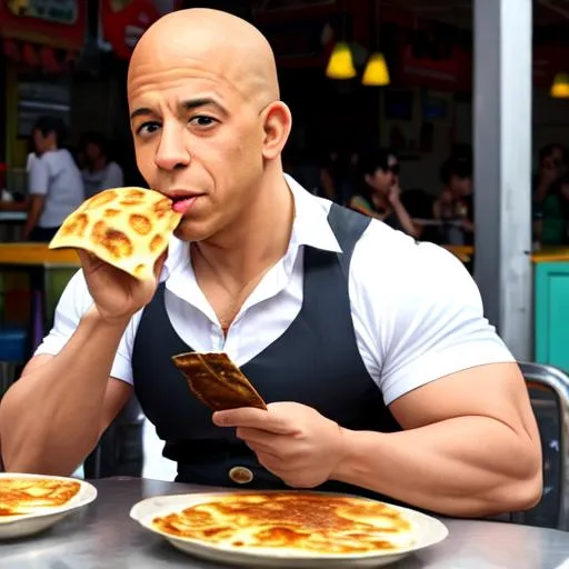 Prompt: Vin Diesel eating prata in hawker center