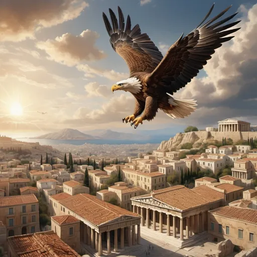 Prompt: (eagle soaring majestically), ancient greek cityscape, grand architecture, intricate details of ancient greece, atmospheric clouds drifting, soft sunlight illuminating the scene, (historical painting style), vibrant earth tones, rich textures, serene yet awe-inspiring ambiance, capturing the essence of the greek era, (1st century marvel), ultra-detailed, 4K resolution, evoking a sense of grandeur and history.