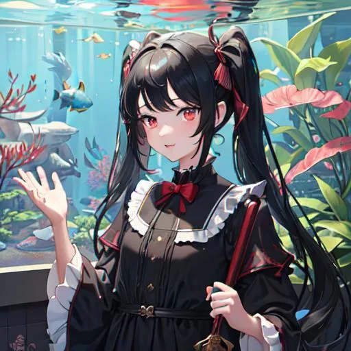 Prompt: (aquarium:1.3) , masterpiece:1.3), (1girl:1:5), charming, long hair, black hair, high pigtails, red eyes, flat, dress, UHD, Highly Detailed face, cute, happy, illustration, absurdres, highres, extremely detailed, eye highlights, upper body, fluttering ribbon, Depth of field, (Blue fog:1.3)