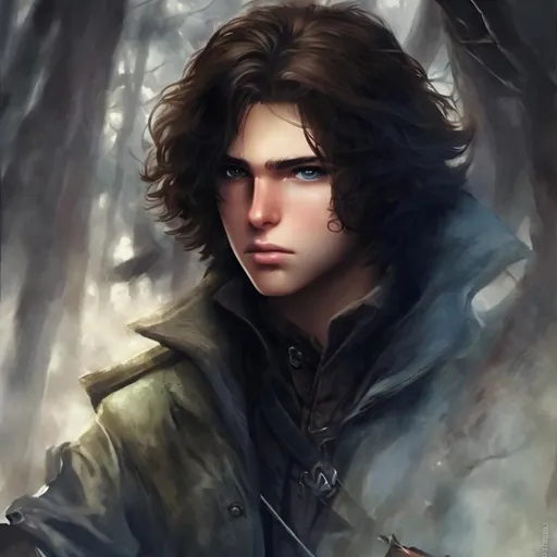 Prompt: a teenaged fantasy hunter with perfect dark brown hair. Wearing the clothes of a huntsman. sort of handsome, light eyes. Epic, realistic, romantic painting