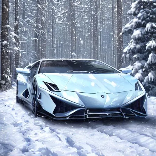 Lamborghini in snow in a forest with a light blue sk... | OpenArt