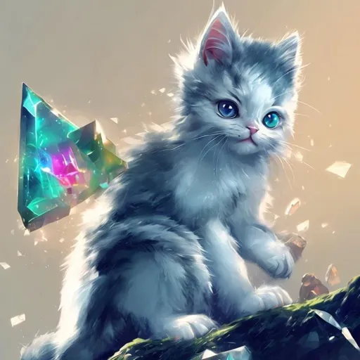 Prompt: cute, a white kitten with crystal yellow eyes, concept art, an illustration