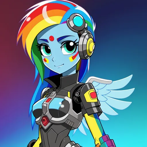 Prompt: cyberpunk equestria girls rainbow dash with blue skin as a cyborg