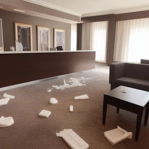 Prompt: Breathtakingly detailed Image depicting the aftermath of a hotel party gone wrong. Disturbing & striking image. Aesthetically Brilliant. Everything is perfectly to scale. Award winning.