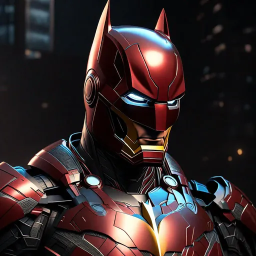 Prompt: Portrait of {Ironman as Batman}, perfect composition, hyperrealistic, super detailed, 8k, high quality, trending art, trending on artstation, sharp focus, studio photo, intricate details, highly detailed,happy face, by greg rutkowski