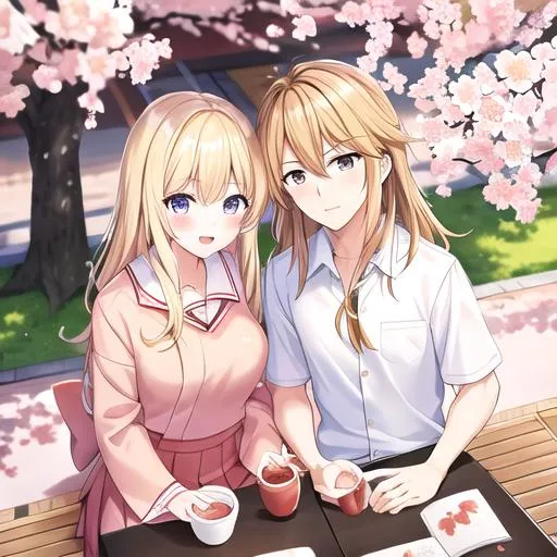 Prompt: (Caleb male brown hair) and (Haley, blonde hair,  wearing a Japanese school uniform) on a date, under the cherry blossom trees
