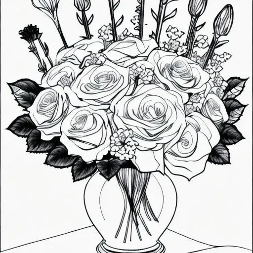 Black and white coloring page of a bouquet of roses | OpenArt