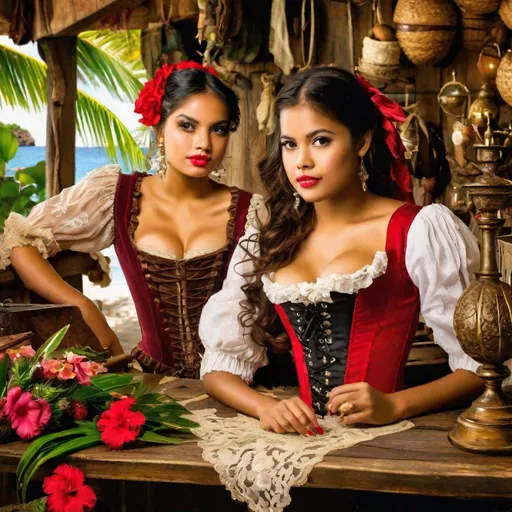 Prompt: RAW photo, 3girls, pretty young Indonesian pirates (round face, high cheekbones, almond-shaped brown eyes, epicanthic fold, small delicate nose), ((pirate costumes)), (red bustier corset, lace jacket), sitting at rough wooden table, pirate inn, tropical flowers, busy background, bokeh, masterpiece, intricate detail, hyper-realistic, photorealism, award–winning photograph, shot on Fujifilm XT3