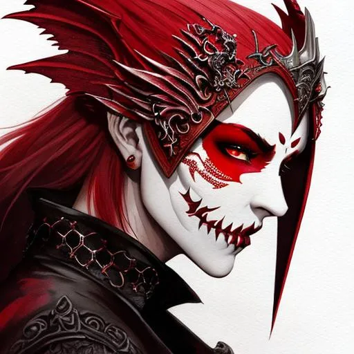 Prompt: portrait of a Red dragon with a white skull mask wearing gothic attire, facing forwards, perfect composition, watercolor on paper with pencils, hyperrealistic, super detailed, 8k, high quality, trending art, trending on artstation, sharp focus, studio photo, intricate details, highly detailed