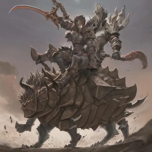 Prompt: An armored monkey with a big sword riding on a demonic wild boar with tusk