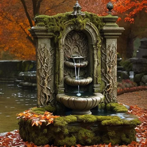 Prompt: stone moss covered water fountain surrounded by autumn leaves, intricate, detailed, Christian Schloe