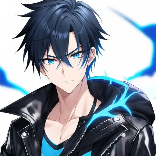 Prompt: Tetsu 1male. Short black hair with vibrant streaks of electric blue, that gives off an eye-catching look. Soft and mesmerizing blue eyes. Wearing a black leather jacket with a dark gray t-shirt underneath that adds a subtle contrast to the outfit. Cool and edgy, black skinny jeans. UHD, 8K