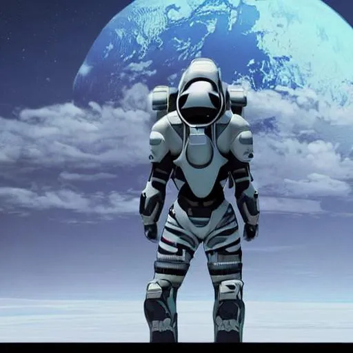 Prompt: futuristic space suit on a dystopian planet realistic futuristic space suit on a lush planet hyper realistic
