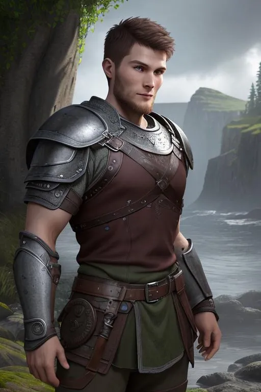 Prompt: Digital art, (((DreamShaper Version 1))), a 21-year-old viking man, subtle smile, round head, round face, short dark brown hair, brown hair, muscular, viking forest, green gear, silver armor, light green eyes, Tidal Class seal on chest armor, unreal engine 8k octane, 3d lighting.