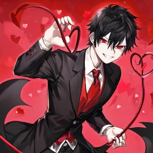 Prompt: Damien (male, short black hair, red eyes) grinning seductively, holding a whip, hearts around him
