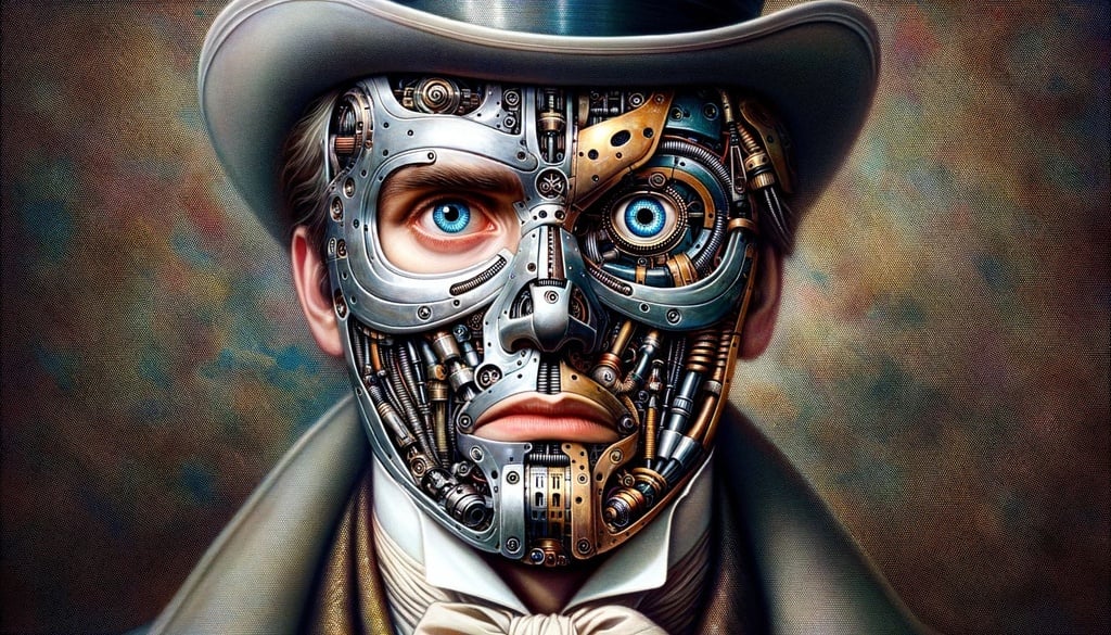 Prompt: the face of an actor dressed as a robot is shown in full, historical painting, dynamic color contrasts, futuristic victorian, hyper-realistic sci-fi, mechanized precision