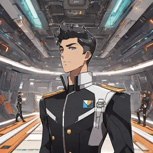 Prompt: A whole figure. Full body. From Medium distance. Detailed. Well draw face. scifi sailor. Black uniform. White details. He stands saluting. Voltron legendary defender art. Studio Mir art. Anime art. 2d art. 2d. In background a scifi station deck. Well draw face. Detailed. 