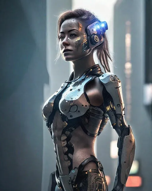 Prompt: A full-body view of a female cyborg warrior. Her body is armored with an exoskeleton, robotic limbs exposed by the scarred openings. Glowing optics analyze data as she surveys the stark, dystopian cityscape. The sky behind her is dense with smog and holographic advertisements. Photographed with wide dynamic range for detail in shadows/highlights. The mood is post-apocalyptic, hyper-urbanized.
