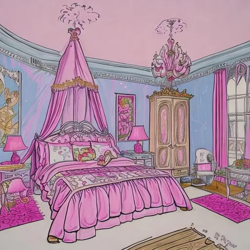 Prompt: Hand drawn 1990s princess bedroom