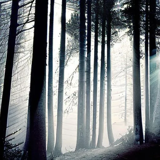 Prompt: A cabin in the midst of a dark forest with a faint light coming from the window