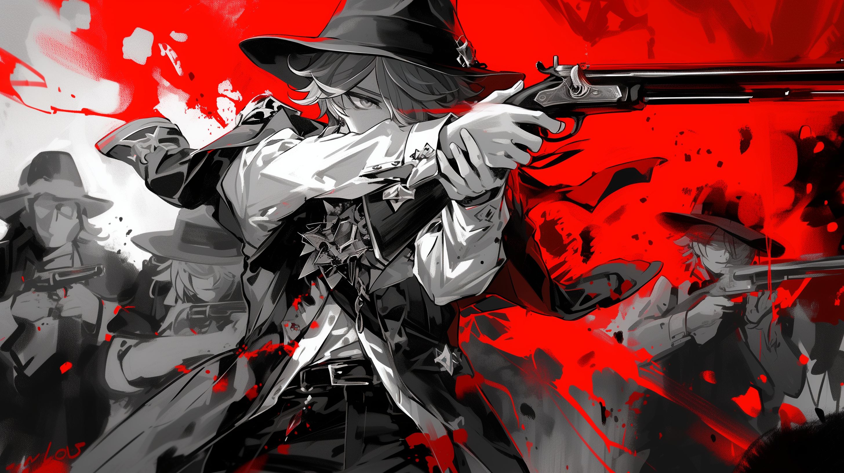 Prompt: Tartaglia from genshin impact fireing a tommy gun in a an old black and white photo on the cover of an old newspaper. The only color on the newspaper is the red of dried blood, he's in a cool dramatic pose holding the gun surrounded by black silloutes of other gansters around him, he is wearing an fedora with a wide brim --ar 16:9 --niji 6