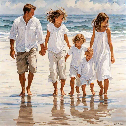 Prompt: "Holding the Family Together" - A young family with two small children walking on the ocean shore at low tide. Sandy heather. They all wear light white summer clothes. Togetherness, love, joy, trust, playfulness. Steve Hanks's fine art, hipper realistic watercolor, extremely detailed. emotional realism.