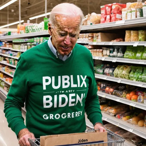 Prompt: (accurately spelled text "PUBLiX"), Publix Grocery store and Joe Biden is trying to steal groceries. Joe Biden is also crying and wearing a (accurately spelled text “PUBLiX”) green sweater 