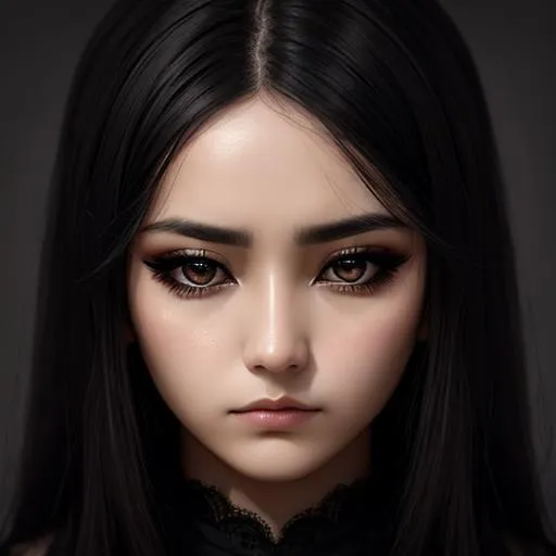 Prompt: A mournful woman in a  dark color scheme , sad eyes, facial closeup
