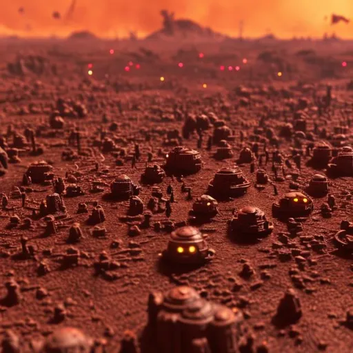 Prompt: millions of small aliens and tiny spacecraft going to war, stampedes, lasers, explosions, fighting, smoke, dusty, dark, minimal light, dark red at night