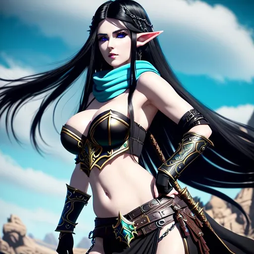 Prompt: concept portrait, cinematic shot,

mythical beautiful female elf with very pale skin, ultra detailed long straight black hair, dark hair, black hair, ultra detailed dark eyes, 

ultra detailed gothic style black rugged ornate thick leather armor, world of warcraft armor, showing midrift, showing belly, with (turquoise) scarf billowing in the wind, leather belts, ultra detailed swords and chains behind back, holding whip, bones visible, tight skin slightly translucent to slightly show skull and bone under skin, detailed face, detailed eyes, innocent, detailed nose, detailed mouth and lip,

dark background ruins like league of legends shadow isles 

2D illustration, 2D character design, 2D flat color, 2D digital illustration, 2D vector illustration, contrast,

((sunshine, very strong sunlight on face, cinematic lighting, volumetric lighting, iridescent lighting reflection, reflection, beautiful shading, head light, back light, natural light, ray tracing, symmetrical)), (((masterpiece, professional, professional illustration, long hair, beautiful bang, stray hair))),

UDR, HDR, 64k, beautiful, stunning, masterpiece artwork, masterpiece illustration,