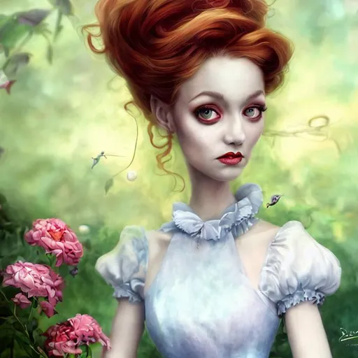 Prompt: oil painting by Tim Burton and Artgerm, beautiful woman in a garden, award-winning cgi, blender 
