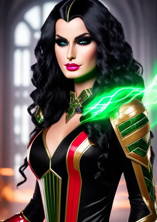 Prompt: High-resolution hyperrealistic photo of candra-the-benefactress merged with sersi-the-eternal, blond streaked black hair, red and green costume, knowing look, magical forces, marvel comics, photorealistic, highly detailed, uhd, hdr, 64k