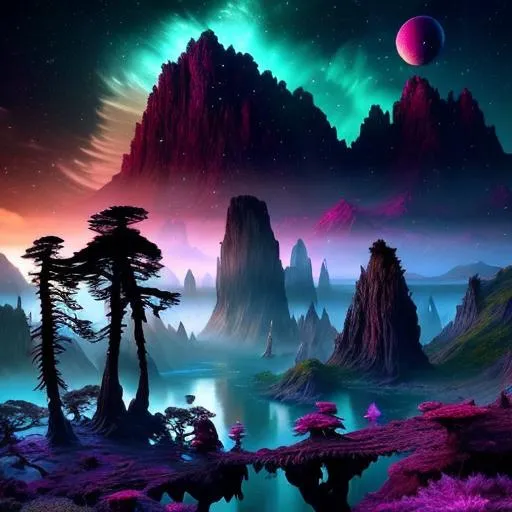 Prompt: Highly detailed fantasy planet landscape, moon, clouds, stars, planets, waterfalls, nebulae, mystical, light pillars, ancient redwood trees on an island, magenta-pink, green-cyan, dark-magenta, electric-blue, trending on artstation, beautiful, tonemapping, fantasy art, digital painting, hyperrealism, hyperdetailed, landscape, photorealistic, radiant, vibrant, , abandoned ship, has a mountain in the background, full shot