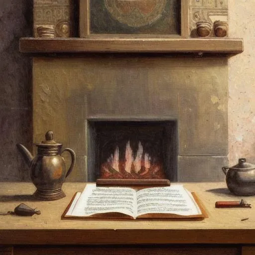 Prompt: An oil painting of an ancient manuscript sitting on a table in a small kitchen in front of a fireplace