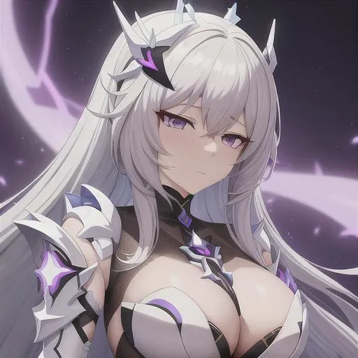 Prompt: Draw a soft detailed beautiful white haired  anime girl with purple eyes. Wearing hersscher battle suit from Honkai impact. In a fantasy world. Using anime Art Style