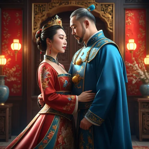 Prompt: 4k high res, ultra realistic image of a couple Chinese Empress and Emperor embracing medieval style dress, medieval room background Hyperrealistic, splash art, concept art, mid shot, intricately detailed, color depth, dramatic, 2/3 face angle, side light
