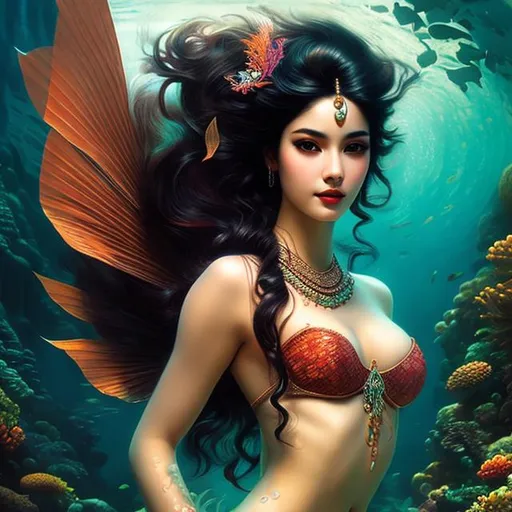 Prompt: Attractive underwater mermaid goddess with traditional fan fish tail,  black hair,  high contrast, colorful polychromatic, ultra detailed, ultra quality, CGSociety, depth of field, full body portrait, temple surroundings, romantic oil painting, coral reef, john williams waterhouse