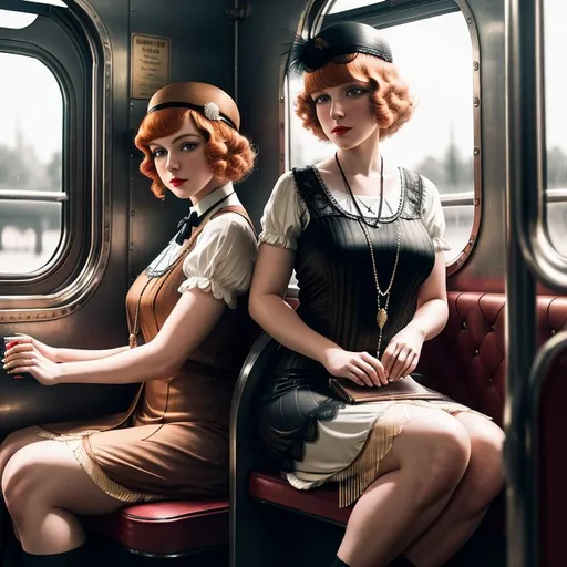 Prompt: old time photo of young ginger, dressed with 1920s hair, dressed like flapper, sitting on train, raw photo, photorealistic, High Detail, dramatic, UHD, HDR raw photo, realistic, sharp focus, 8K high definition, insanely detailed, intricate, high quality, 