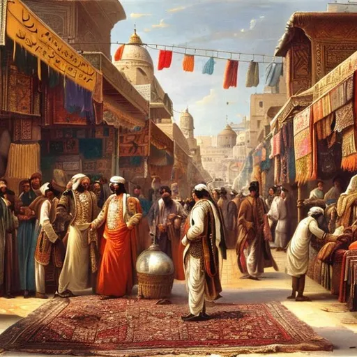 Prompt: A bustling Middle Eastern market during the 1800s with colorful stalls, merchants displaying rugs and textiles, and a disguised Napoleon bonaparte haggling with a rug seller.