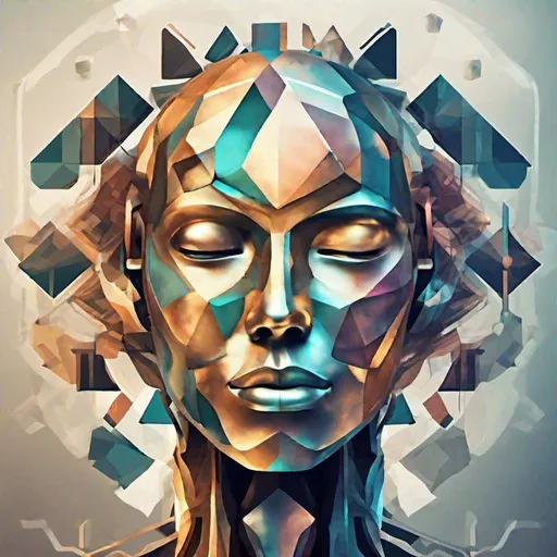 Prompt: Illustrate an abstract image depicting the concept of transhumanism. Blend organic shapes in human-like colors with geometric shapes in metallic hues, representing the fusion of humanity and technology.