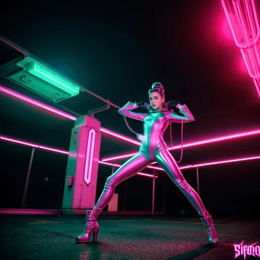 Prompt: a beautiful female demon in a dynamic pose in a retro futuristic synthwave cyberpunk neon paradise.  neon lighting, high quality, beautiful, synthwave, cyber, retro, futuristic